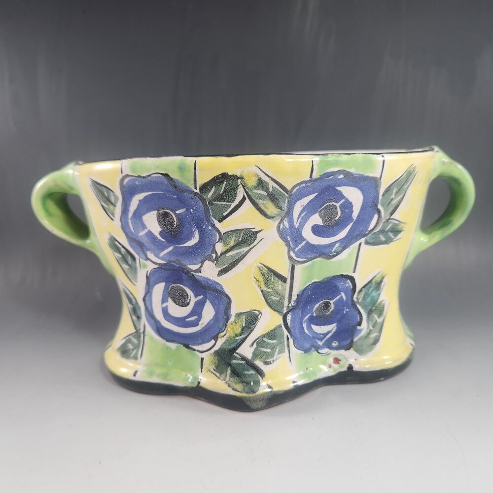 Posey Bacopoulos Vase Planter Studio Pottery OOAK Signed Yellow Floral Rustic